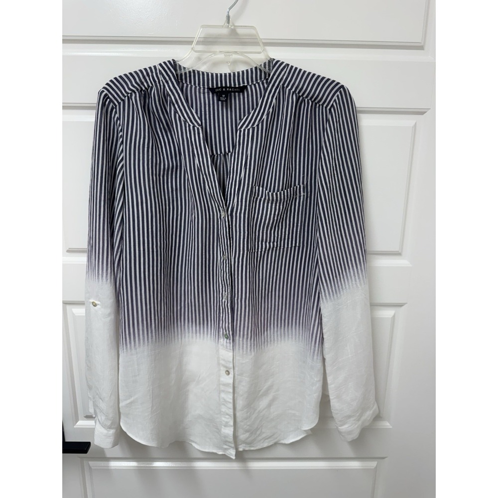Zac & Rachel Women Medium Purple Striped Ombre Button Front Blouse Roll Tab Top